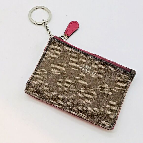Coach Mini Skinny ID Case in Signature Brown Canvas & Cherry Leather F16107 Keys - Picture 1 of 12